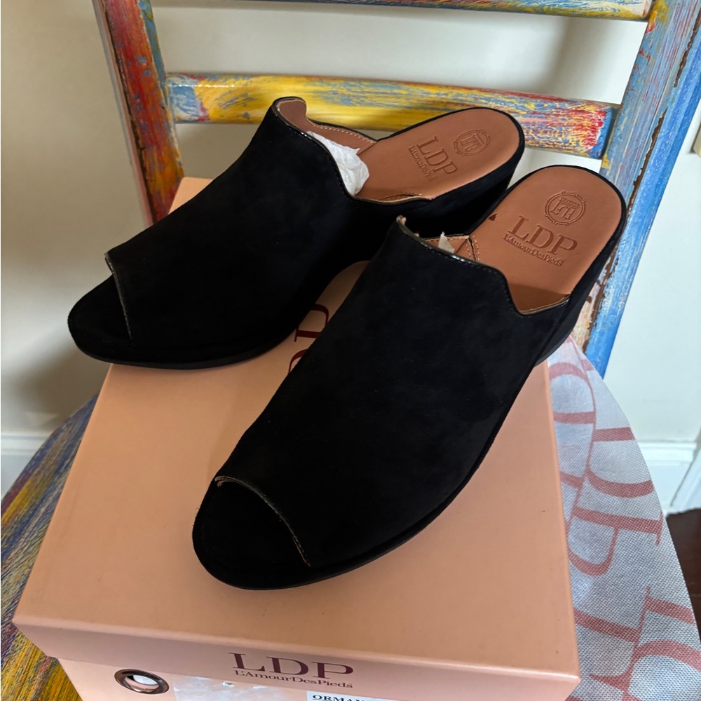 L’Amour Des Pieds Black Women's ORMAN Mules Black Suede Shoes 9.5M